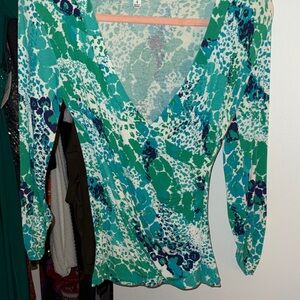 CAbi Green and Blue Patterned Blouse